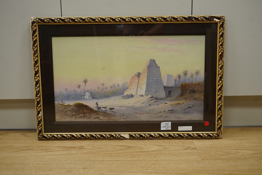 Frank Catano (Italian, 1880-1920), Orientalist watercolour, Figures before pyramids, signed, 32 x 58cm